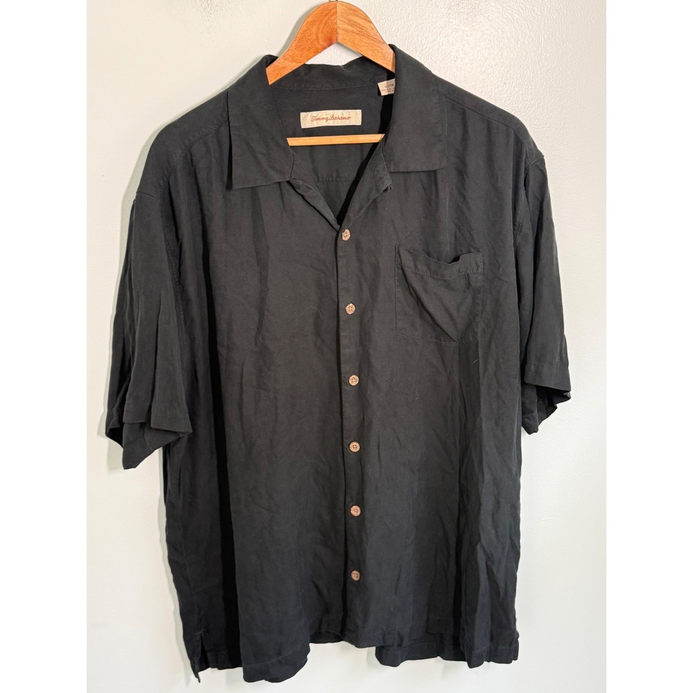 Tommy Bahama Mens XL Black 100% Silk Short Sleeve Button Down Camp Shirt Twill
